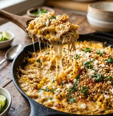 Street Corn Chicken Casserole 2 Delicious Street Corn Chicken Casserole garnished with fresh herbs