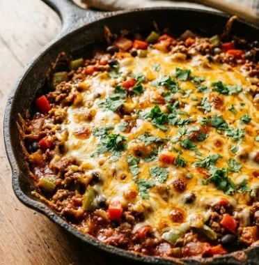 Stuffed Pepper Casserole 1 Delicious stuffed pepper casserole served in a baking dish with colorful peppers.