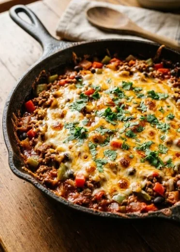 Delicious stuffed pepper casserole served in a baking dish with colorful peppers.