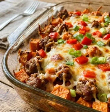Delicious sweet potato and sausage casserole served in a dish.