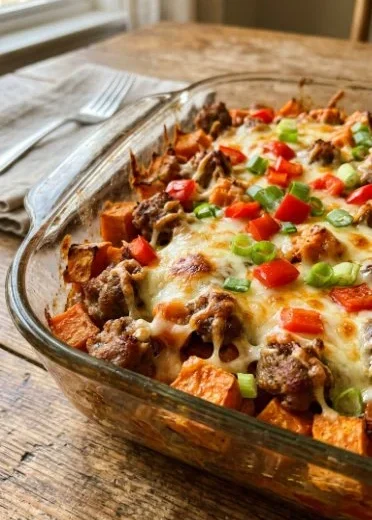 Delicious sweet potato and sausage casserole served in a dish.