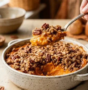 Sweet Potato Casserole That Tastes Like Fall 1 Delicious sweet potato casserole topped with marshmallows and pecans.