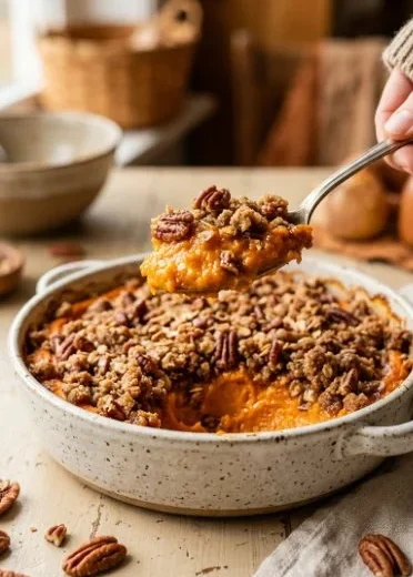 Delicious sweet potato casserole topped with marshmallows and pecans.