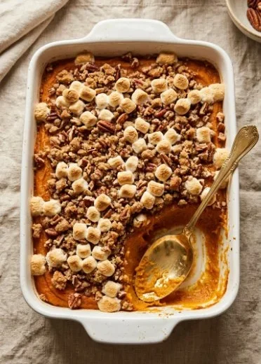 Delicious sweet potato casserole topped with fluffy marshmallows