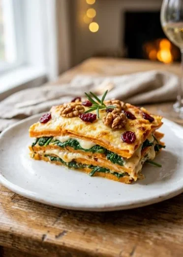 Delicious sweet potato lasagna with layers of cheese and veggies.