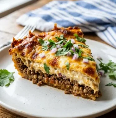 Taco Pie 1 Delicious Taco Pie topped with cheese and fresh toppings
