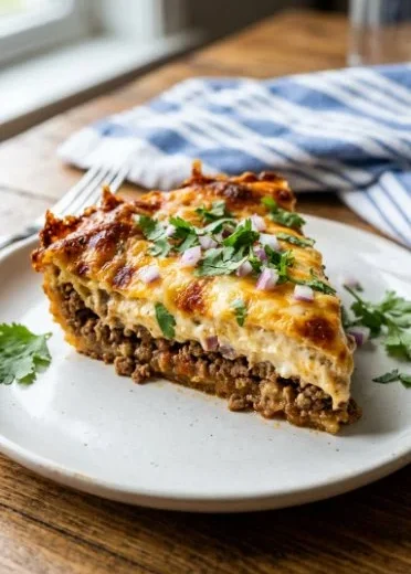 Delicious Taco Pie topped with cheese and fresh toppings