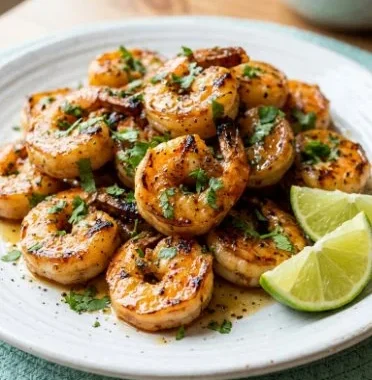 Delicious plate of Tequila Lime Shrimp garnished with lime and cilantro
