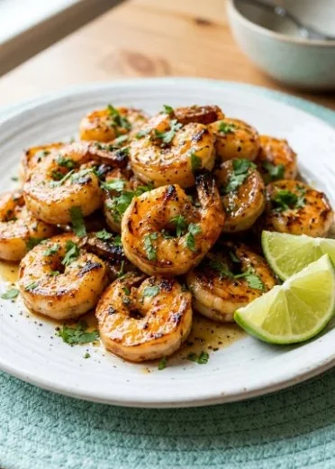 Delicious plate of Tequila Lime Shrimp garnished with lime and cilantro