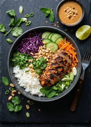 Thai Peanut Chicken Buddha Bowl with colorful veggies and rice