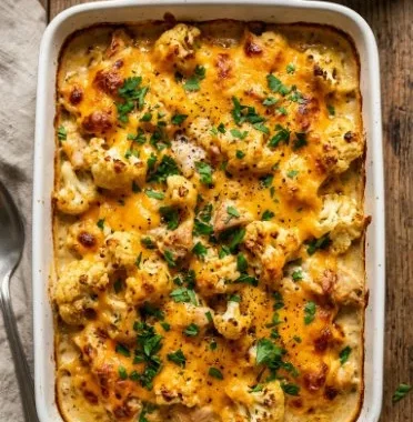 The Best Chicken Cauliflower Bake 1 Delicious chicken cauliflower bake served on a plate with garnishes