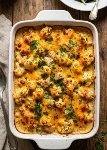 Delicious chicken cauliflower bake served on a plate with garnishes