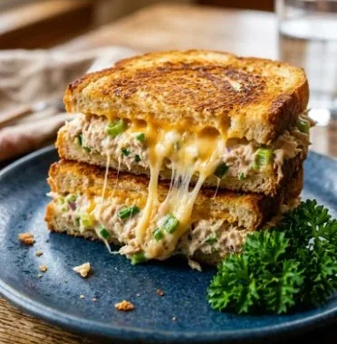 Delicious tuna melt sandwich served with crispy bread and melted cheese.