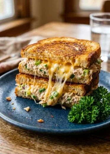 Delicious tuna melt sandwich served with crispy bread and melted cheese.