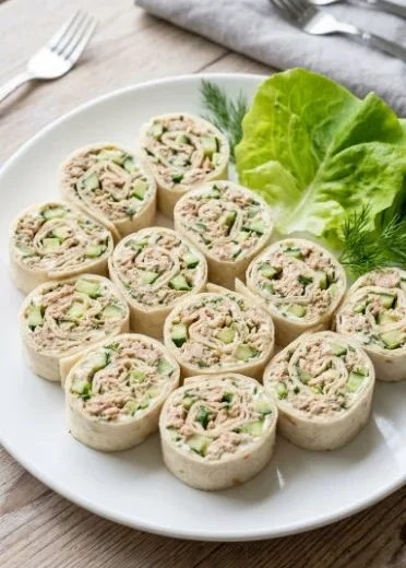 Delicious tuna pinwheels served on a plate with a garnish