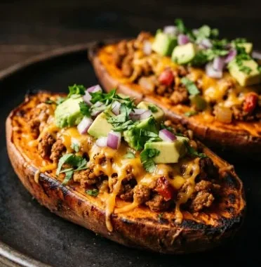 Turkey Taco Stuffed Sweet Potatoes on a plate with fresh toppings