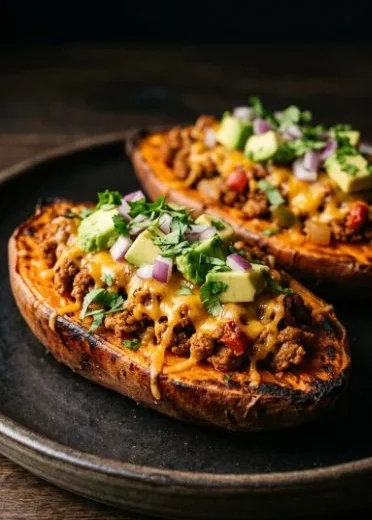 Turkey Taco Stuffed Sweet Potatoes on a plate with fresh toppings
