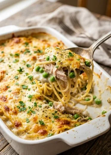 Delicious plate of Turkey Tetrazzini topped with parsley and cheese.