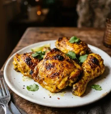 Turmeric Chicken 2 Plate of turmeric chicken garnished with herbs and spices