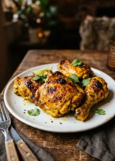 Plate of turmeric chicken garnished with herbs and spices