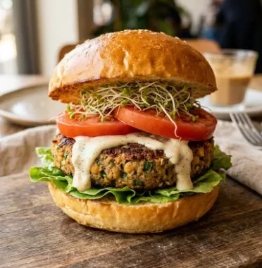 Delicious vegan chickpea burgers served with fresh toppings