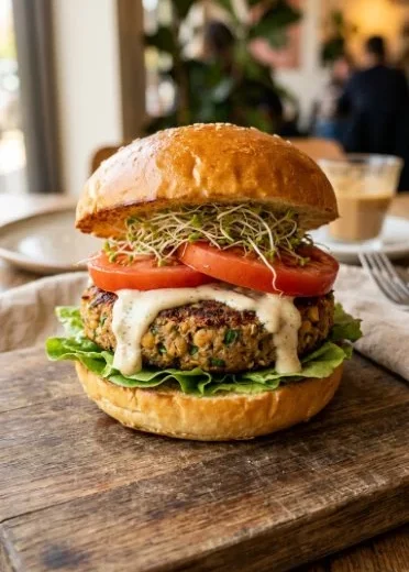 Delicious vegan chickpea burgers served with fresh toppings