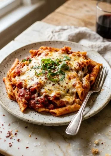 Vegan Pasta Bake topped with fresh herbs and vegetables