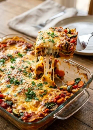Delicious vegetable lasagna with layers of fresh vegetables and cheese