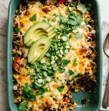 Vegetarian Fajita Rice Casserole with colorful vegetables and spices