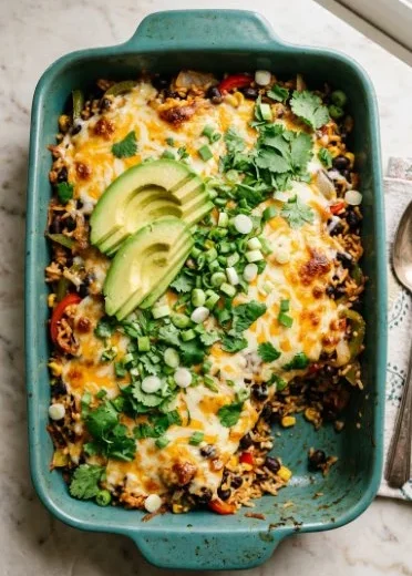 Vegetarian Fajita Rice Casserole with colorful vegetables and spices