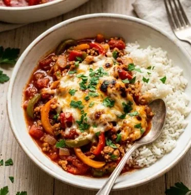 Vegetarian stuffed pepper casserole served in a baking dish with colorful bell peppers