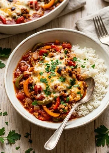 Vegetarian stuffed pepper casserole served in a baking dish with colorful bell peppers