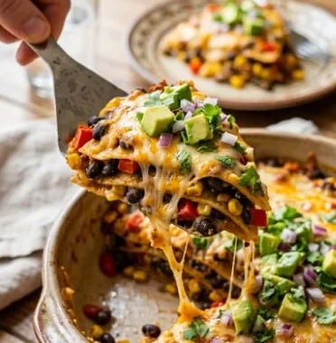 Vegetarian taco casserole with colorful vegetables and cheesy topping