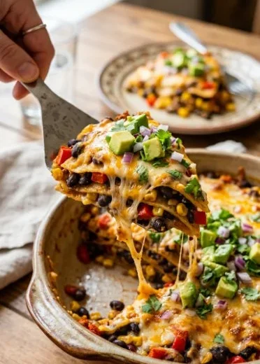 Vegetarian taco casserole with colorful vegetables and cheesy topping