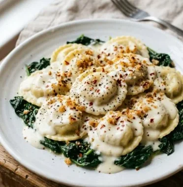 White Ravioli Casserole Bake 1 Delicious white ravioli casserole bake topped with cheese and herbs.