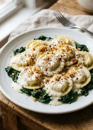 Delicious white ravioli casserole bake topped with cheese and herbs.