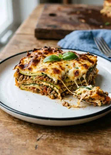 Delicious homemade zucchini lasagna layered with cheese and marinara sauce