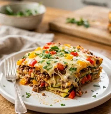 Zucchini Pizza Casserole 1 Delicious zucchini pizza casserole topped with cheese and vegetables