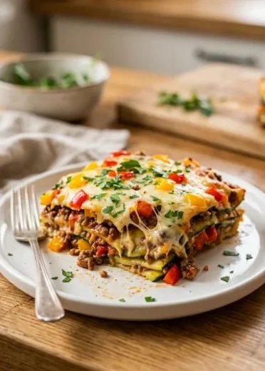 Delicious zucchini pizza casserole topped with cheese and vegetables