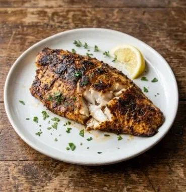 Cooked blackened tilapia fillets on a plate, garnished and ready to eat.