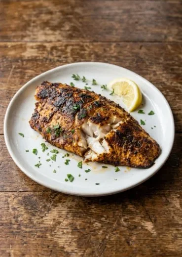 Cooked blackened tilapia fillets on a plate, garnished and ready to eat.