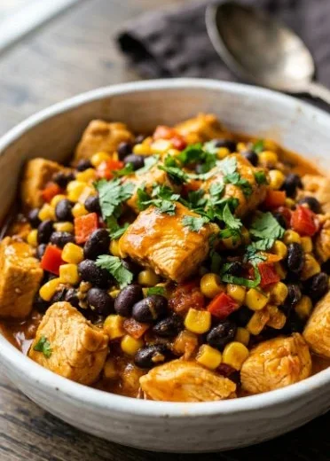 25-Minute Chicken Black Bean Cottage Cheese Skillet in a frying pan