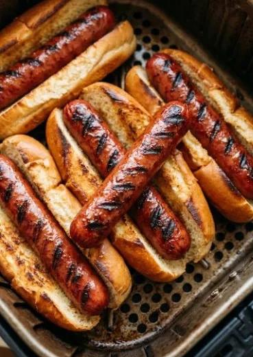 Delicious air fryer hot dogs served with toppings and condiments