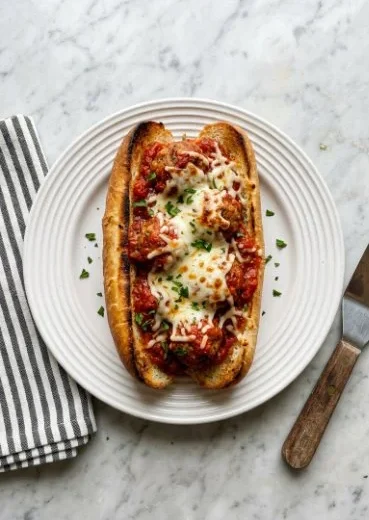 Delicious Air Fryer Meatball Subs served with melted cheese and fresh herbs.
