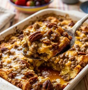 Baked apple butter breakfast dish with spices and toppings.