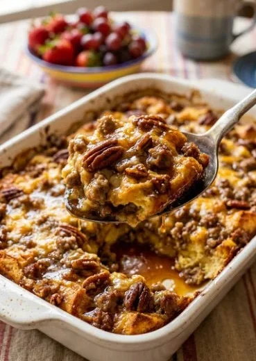 Baked apple butter breakfast dish with spices and toppings.