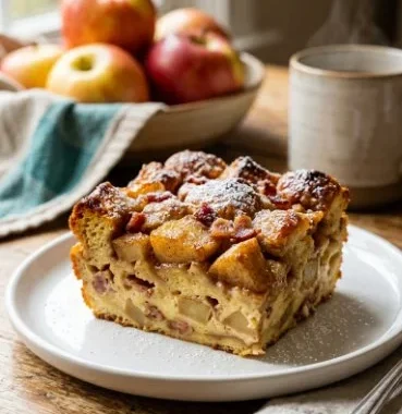 Apple Fritter Breakfast Casserole 1 Delicious apple fritter breakfast casserole served in a dish
