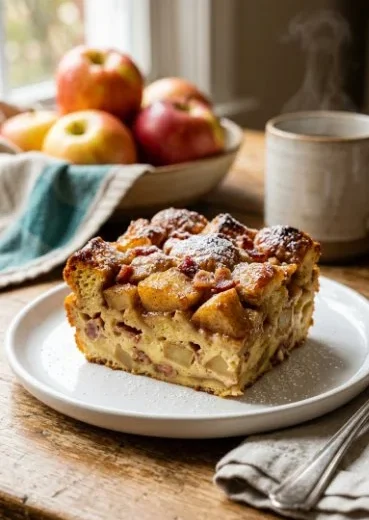 Delicious apple fritter breakfast casserole served in a dish