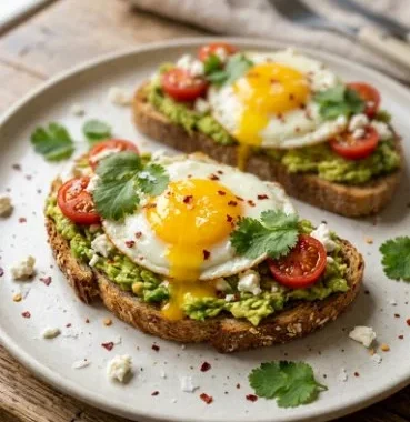 Delicious avocado toast topped with a perfectly fried egg.