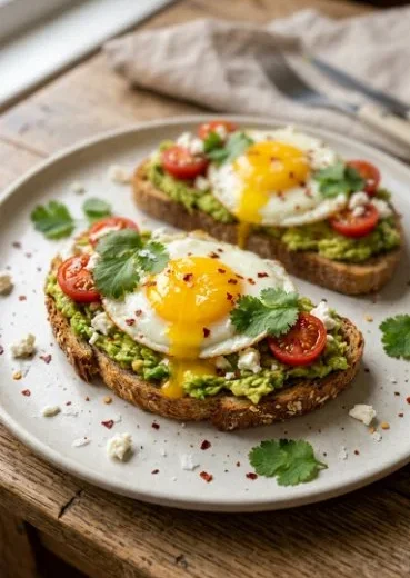 Delicious avocado toast topped with a perfectly fried egg.